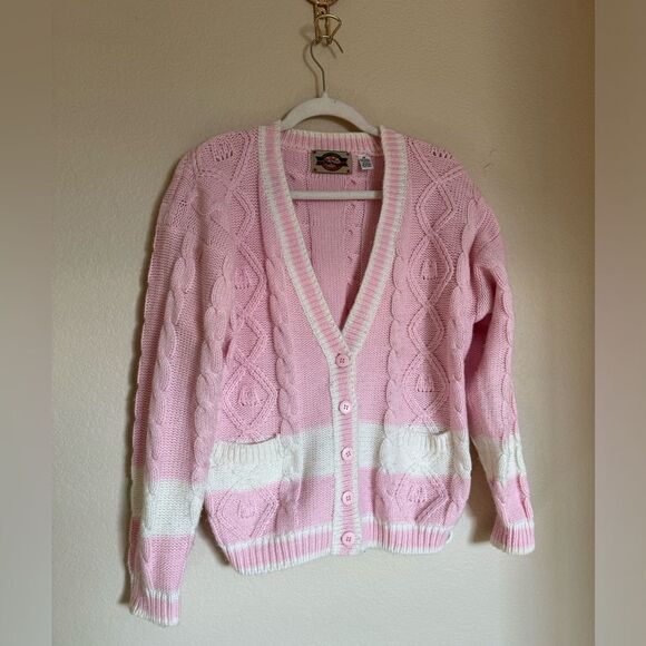 Vintage Cable Knit Cardigan Sweater Sz Medium Oversized Pink White Stripe - Picture 1 of 4